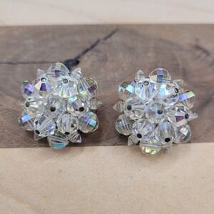 Vintage Laguna clear Aurora Borealis Cluster Earrings Clip Crystal Estate 1"